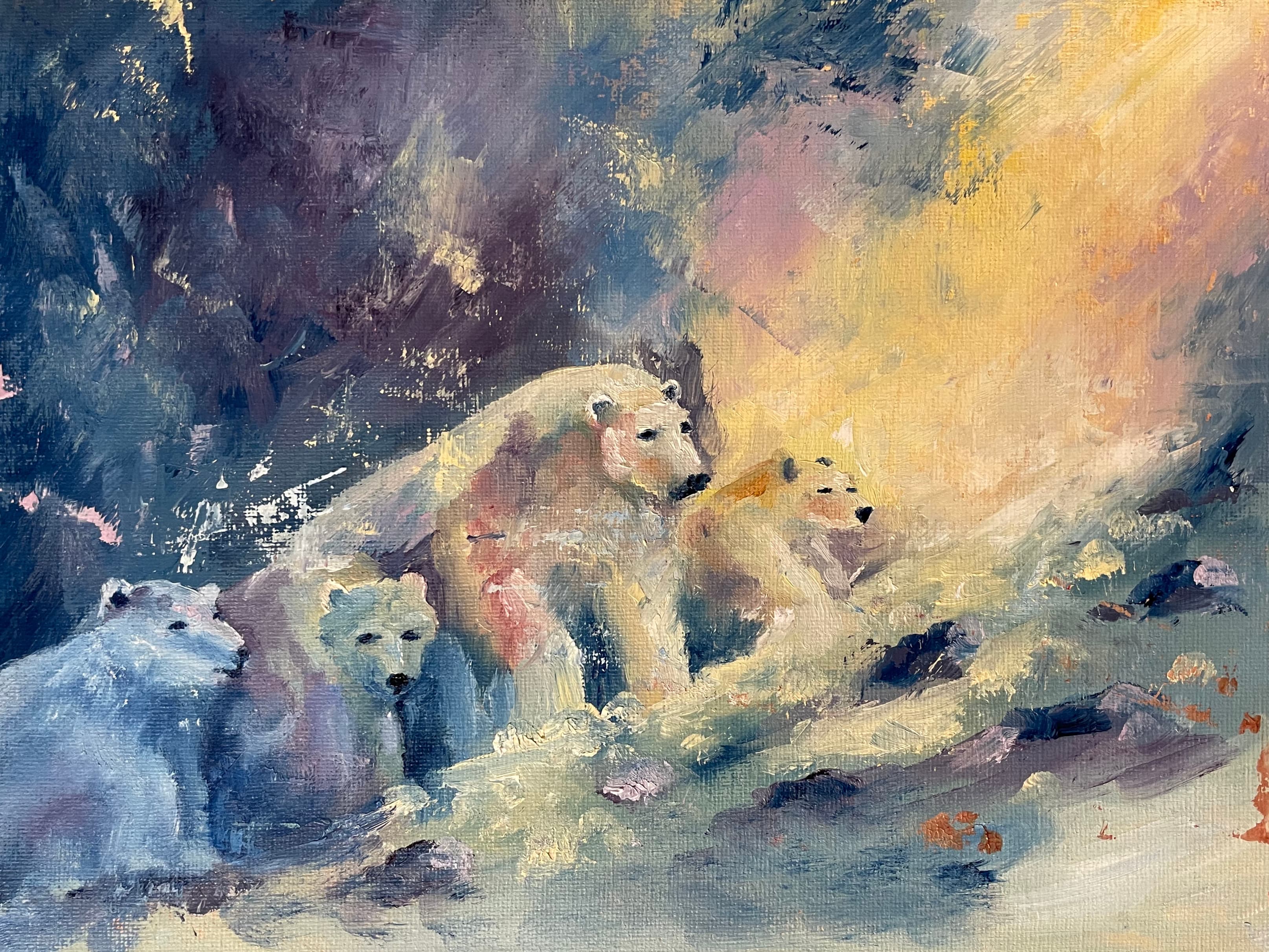 Oil painting of a polar bear and three cubs on snow, blue and violet shadow behind them giving way to a warm yellow glow