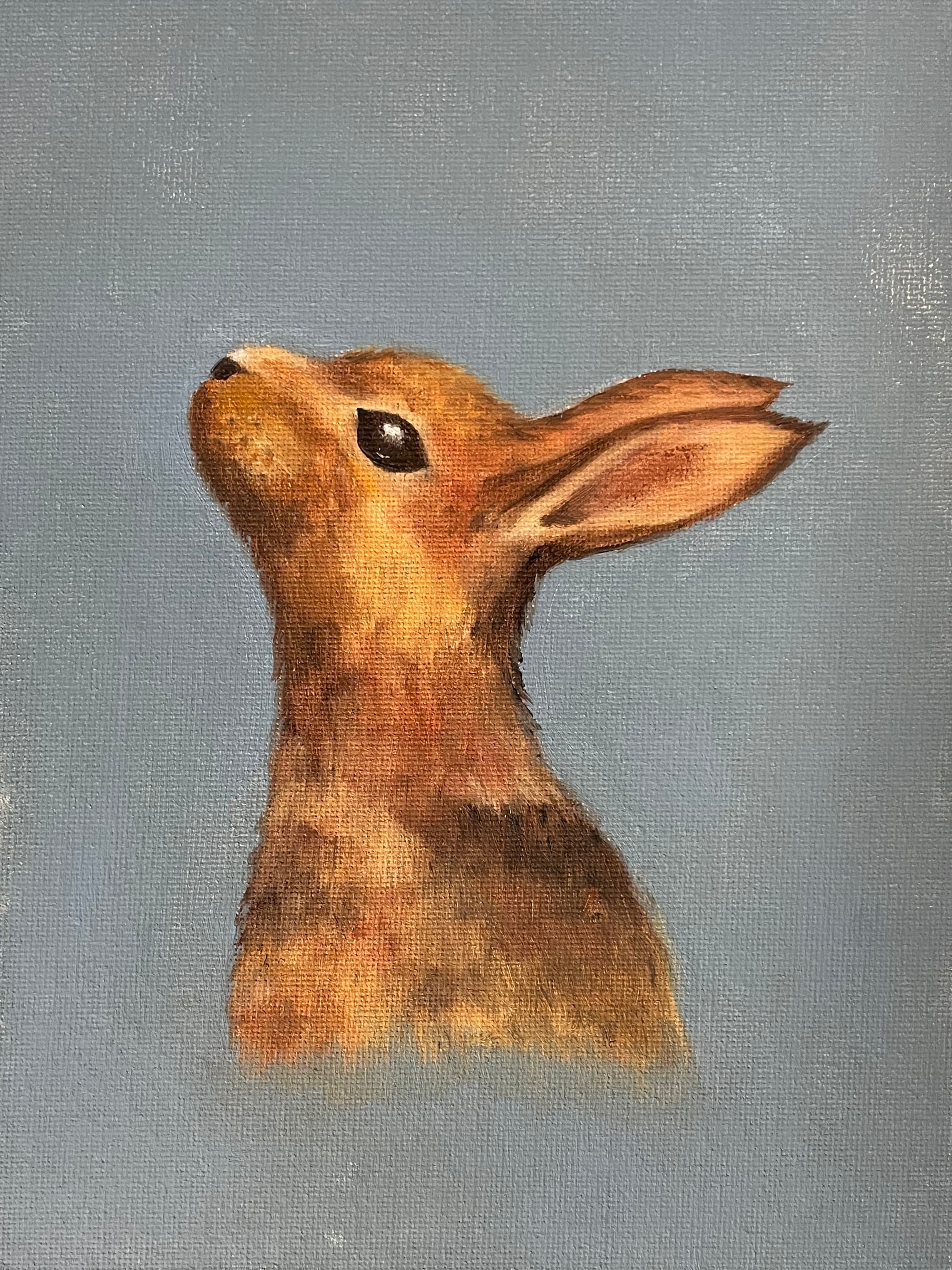 Oil painting of a brown rabbit looking up, ears back, against a flat grey ground