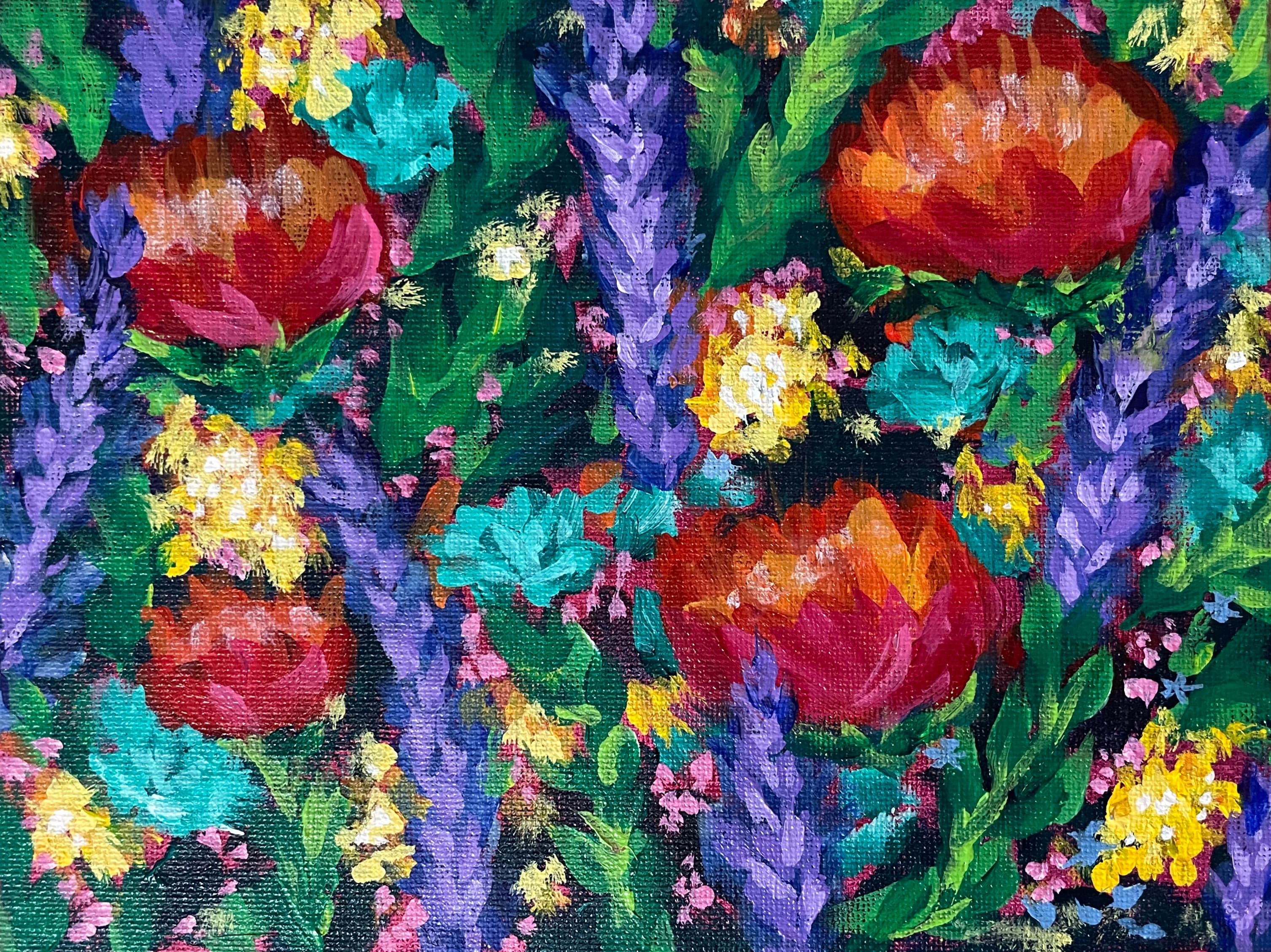 Acrylic painting of red peonies, lavender spikes and yellow blooms packed edge to edge against dark green leaves