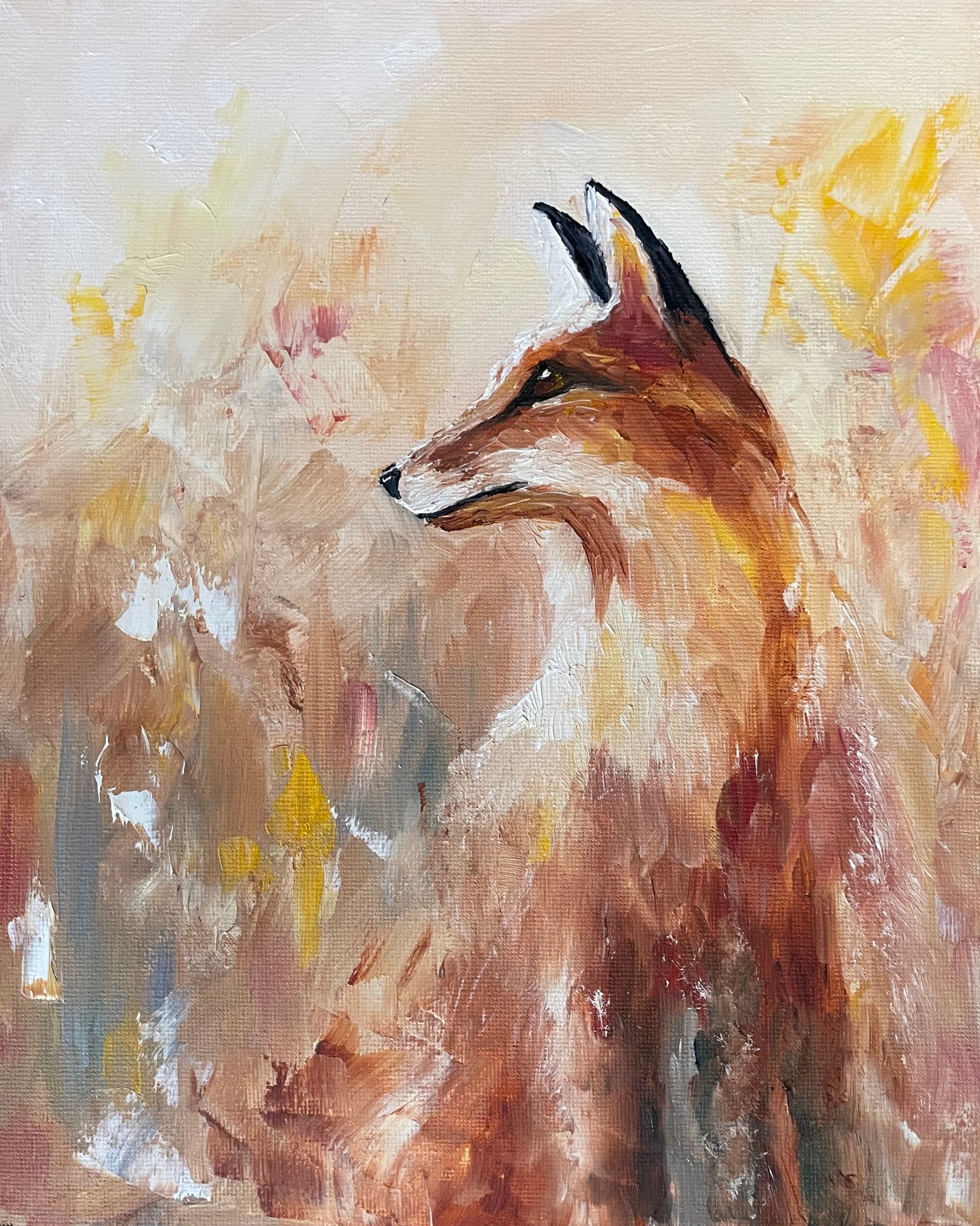 Oil painting of a red fox in profile against loose, pale strokes of cream, ochre and rose