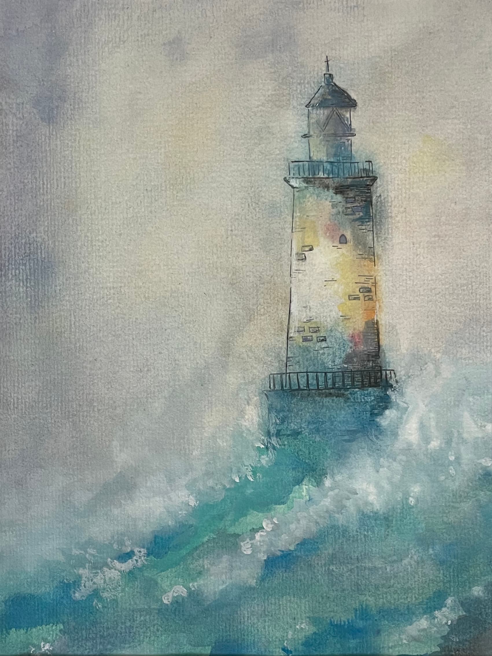 Watercolor and ink painting of a stone lighthouse in sea mist, a wave breaking white and teal against its base — the original artwork behind the hero illustration