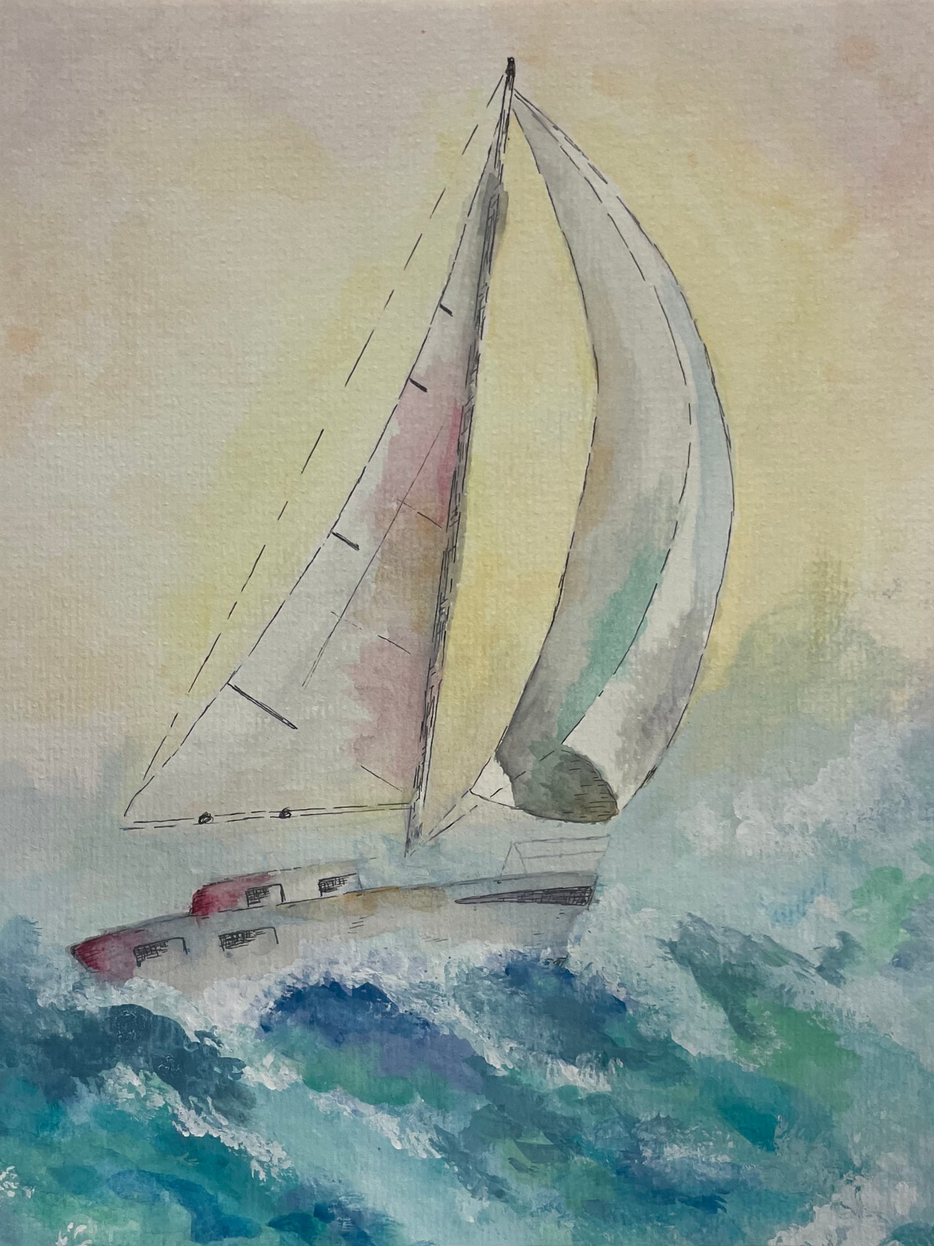 Watercolor and ink drawing of a sailboat heeling through teal and white waves under a pale yellow sky