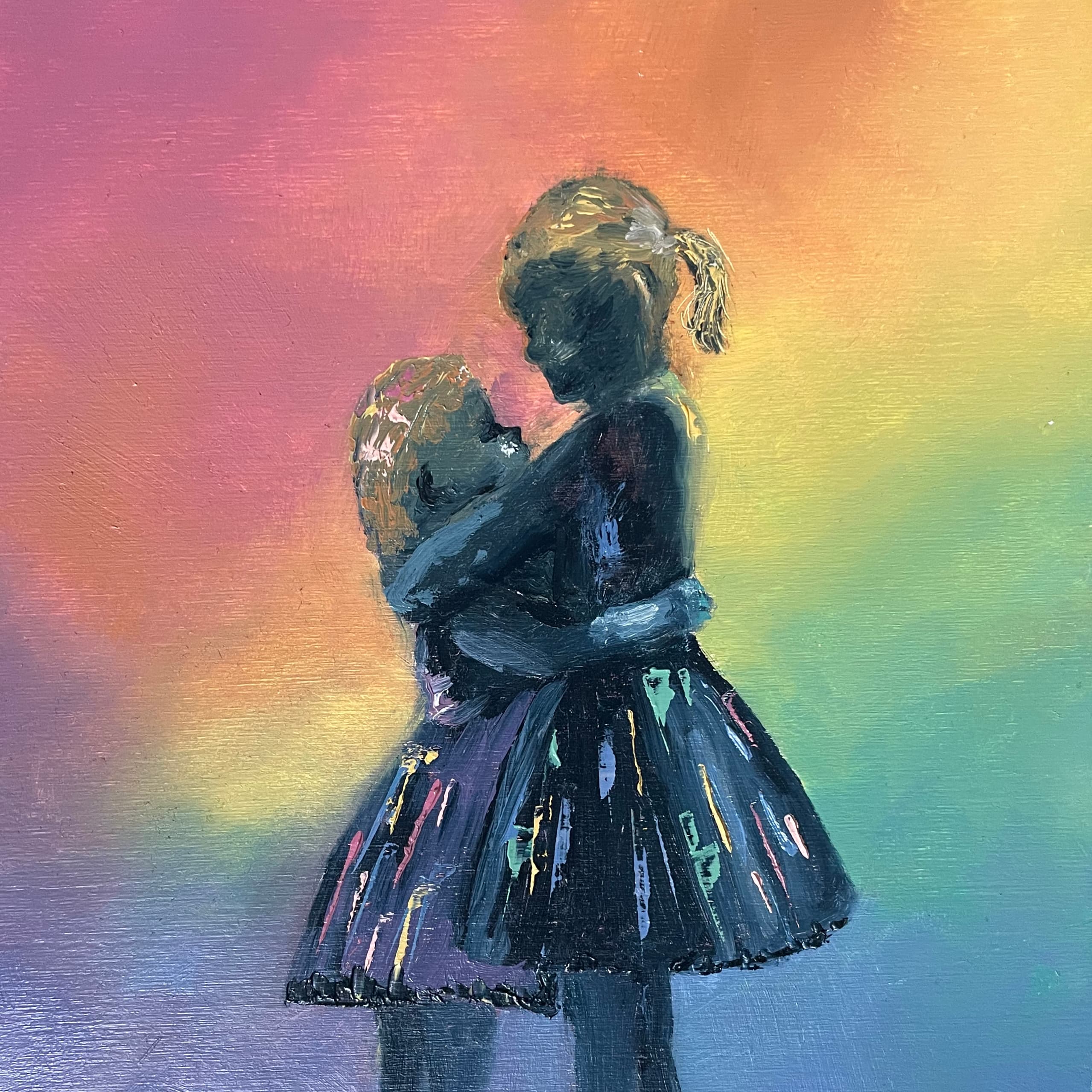 Oil painting of two little girls in dark dresses hugging, silhouetted against a rainbow gradient